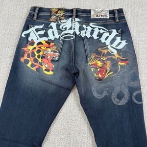 NEW Ed Hardy Mens 30x36 Med Blast Stacked Bootcut Tiger Stretch Blue Jeans